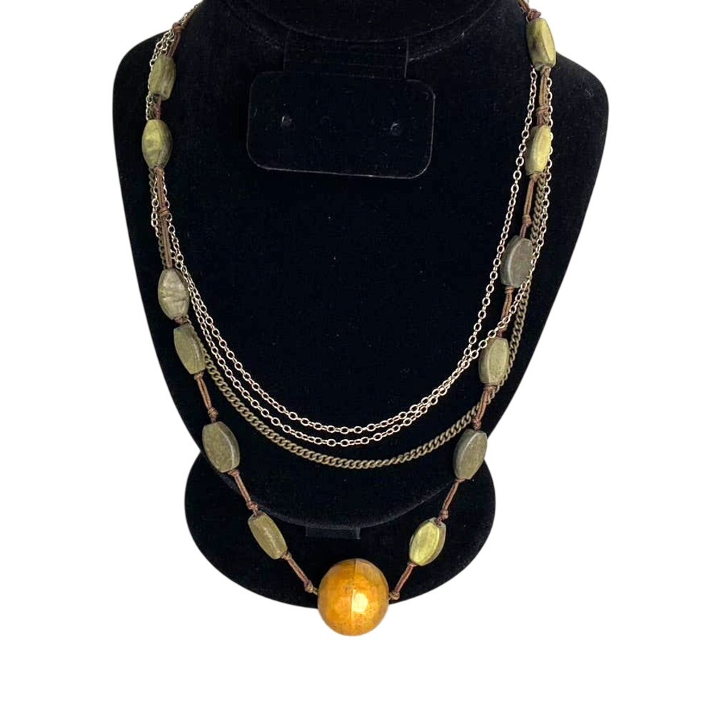 Robert Rose wooden look beaded necklace with silver chains